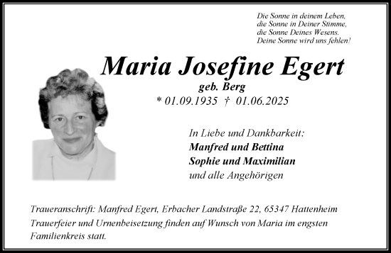 Traueranzeige von Maria Josefine Egert von Wiesbadener Kurier