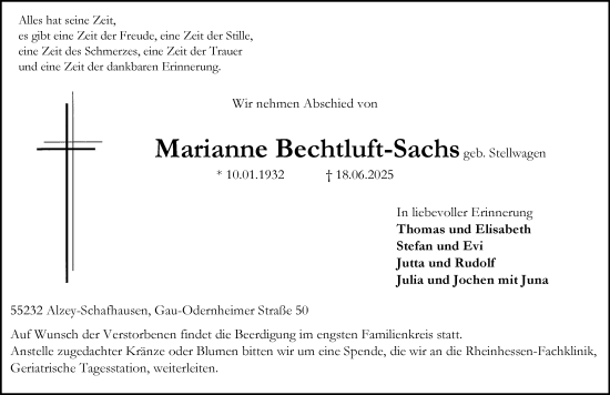 Traueranzeige von Marianne Bechtluft-Sachs von Allgemeine Zeitung Alzey
