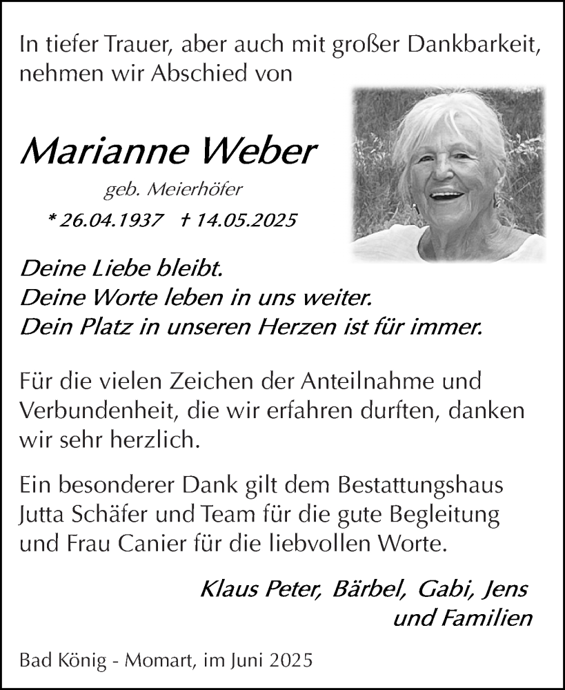  Traueranzeige für Marianne Weber vom 21.06.2025 aus Odenwälder Echo