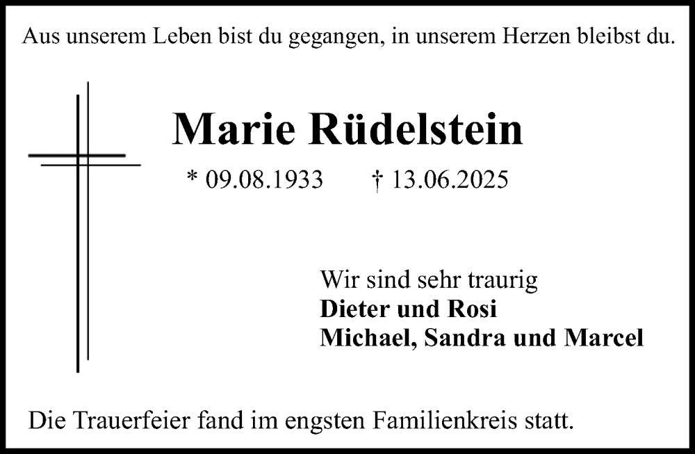  Traueranzeige für Marie Rüdelstein vom 21.06.2025 aus Darmstädter Echo