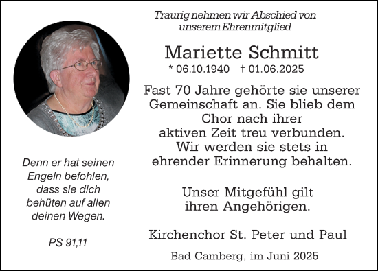 Traueranzeige von Mariette Schmitt von Camberger Anzeiger