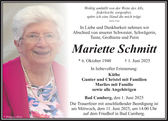 Traueranzeige von Mariette Schmitt von Camberger Anzeiger