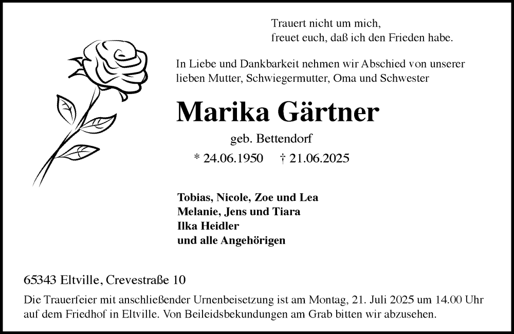  Traueranzeige für Marika Gärtner vom 28.06.2025 aus Rheingau Kurier