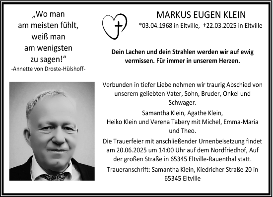 Traueranzeige von Markus Eugen Klein von Wiesbadener Kurier
