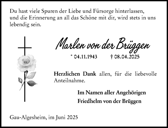 Traueranzeige von Marlen von der Brüggen von Allgemeine Zeitung Rheinhessen-Nahe