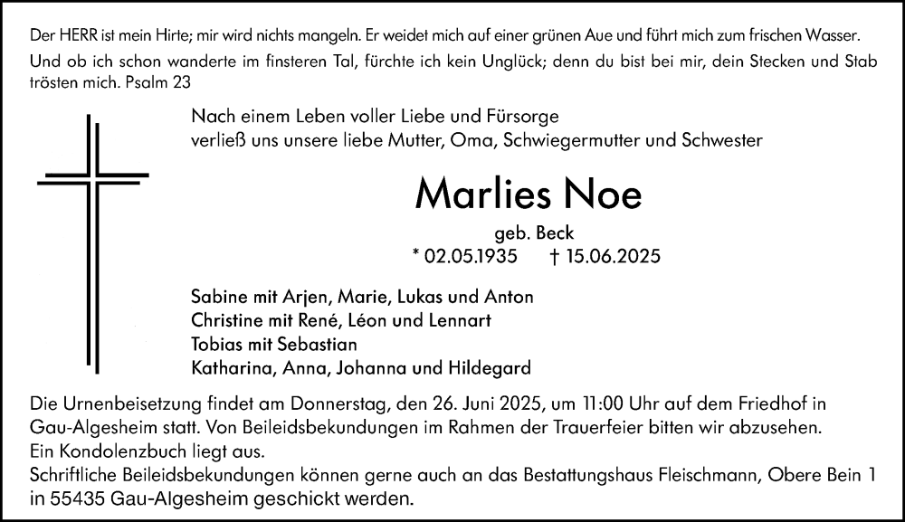  Traueranzeige für Marlies Noe vom 21.06.2025 aus Allgemeine Zeitung Rheinhessen-Nahe