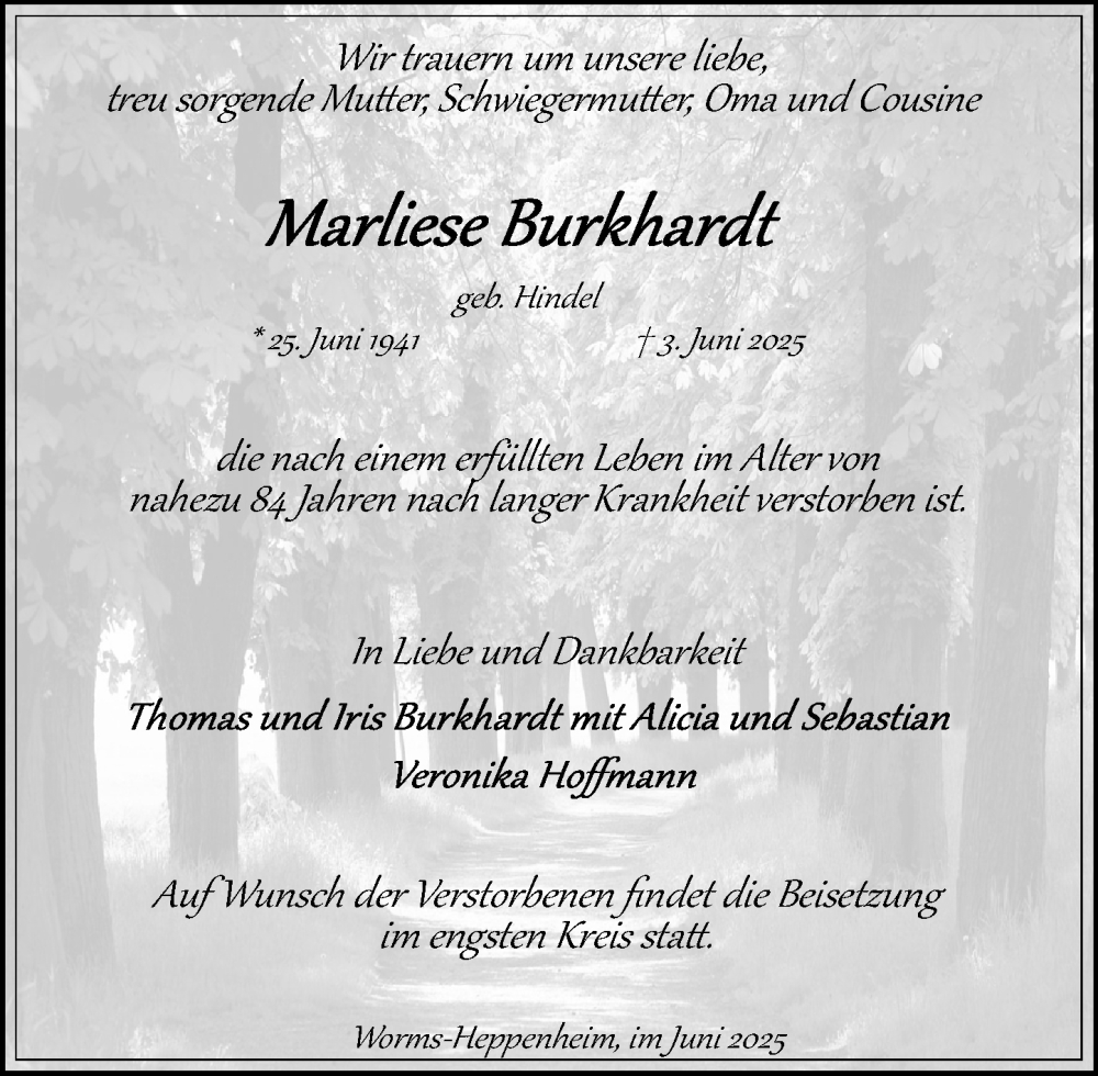  Traueranzeige für Marliese Burkhardt vom 14.06.2025 aus Wormser Zeitung