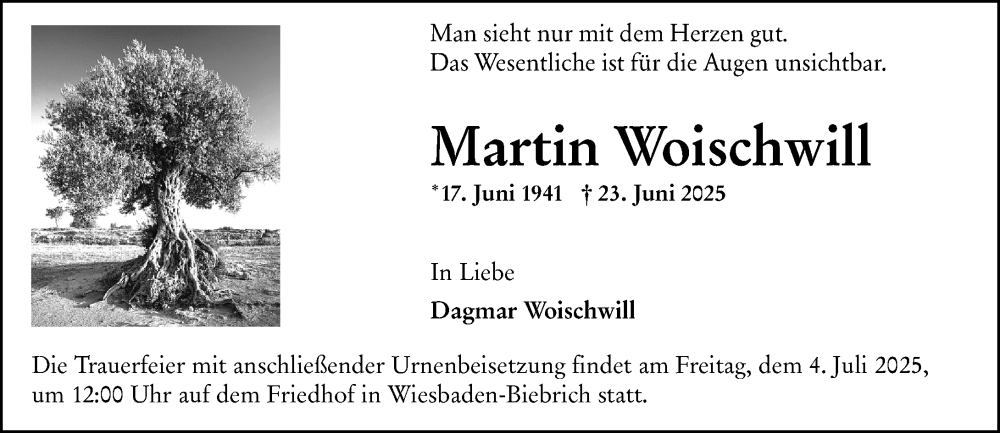  Traueranzeige für Martin Woischwill vom 28.06.2025 aus Wiesbadener Kurier