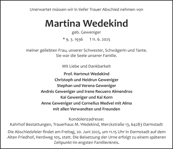 Traueranzeige von Martina Wedekind von Darmstädter Echo