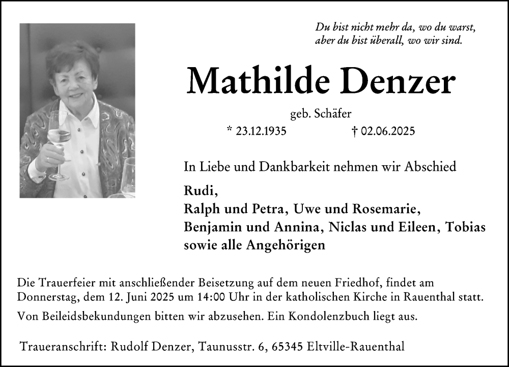  Traueranzeige für Mathilde Denzer vom 07.06.2025 aus Wiesbadener Kurier