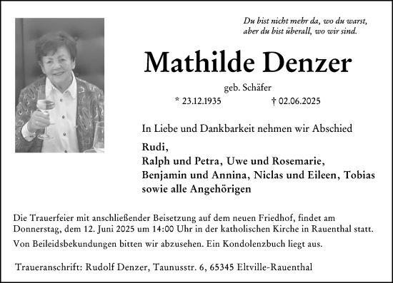 Traueranzeige von Mathilde Denzer von Wiesbadener Kurier