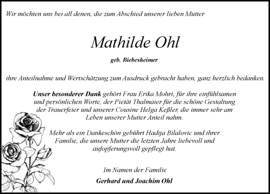 Traueranzeige von Mathilde Ohl von Wormser Zeitung