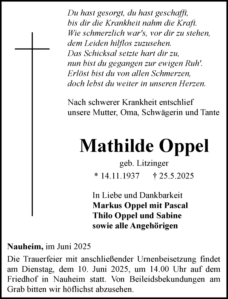 Traueranzeige für Mathilde Oppel vom 05.06.2025 aus Camberger Anzeiger