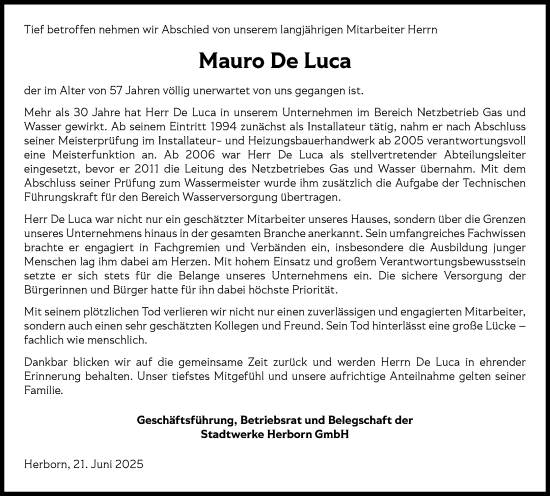 Traueranzeige von Mauro De Luca von Dill Block