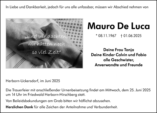 Traueranzeige von Mauro De Luca von Dill Block