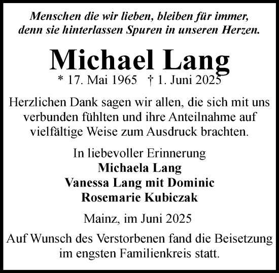 Traueranzeige von Michael Lang von Allgemeine Zeitung Mainz