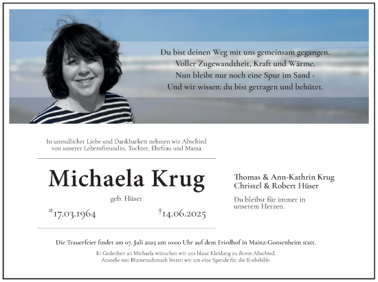 Traueranzeige von Michaela Krug von Allgemeine Zeitung Mainz