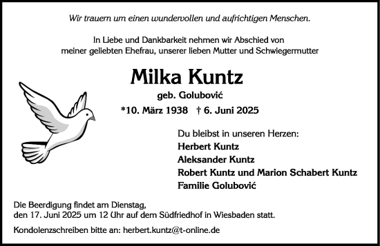 Traueranzeige von Milka Kuntz von Wiesbadener Kurier
