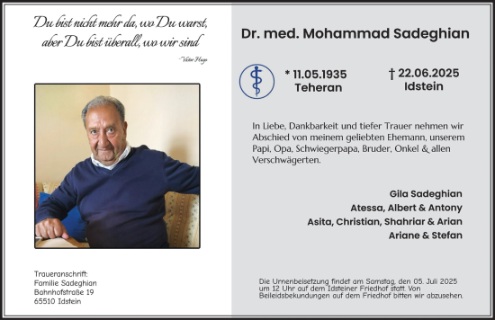 Traueranzeige von Mohammad Sadeghian von Wiesbadener Kurier