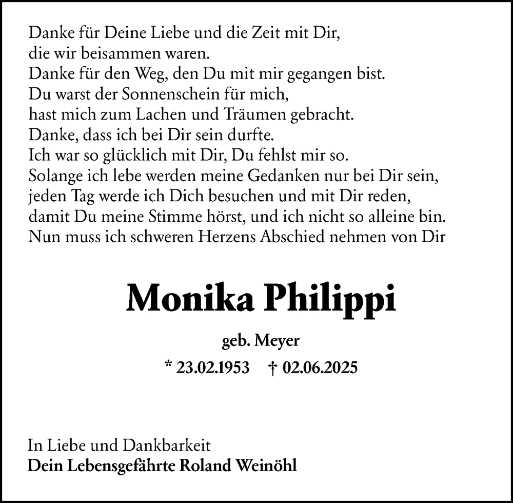  Traueranzeige für Monika Philippi vom 14.06.2025 aus Allgemeine Zeitung Alzey
