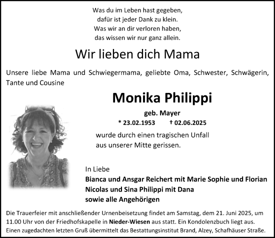 Traueranzeige von Monika Philippi von Allgemeine Zeitung Alzey