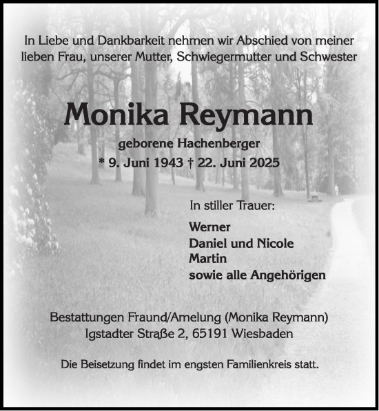 Traueranzeige von Monika Reymann von Wiesbadener Kurier