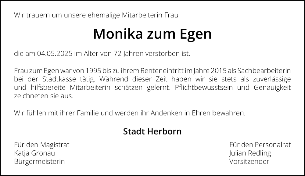  Traueranzeige für Monika zum Egen vom 17.06.2025 aus Dill Block