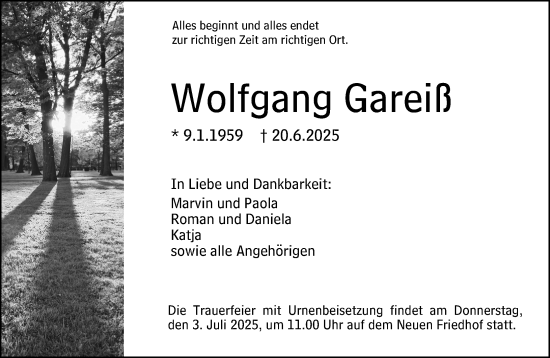 Traueranzeige von Wolfgang Gareiß von Hochheimer Zeitung