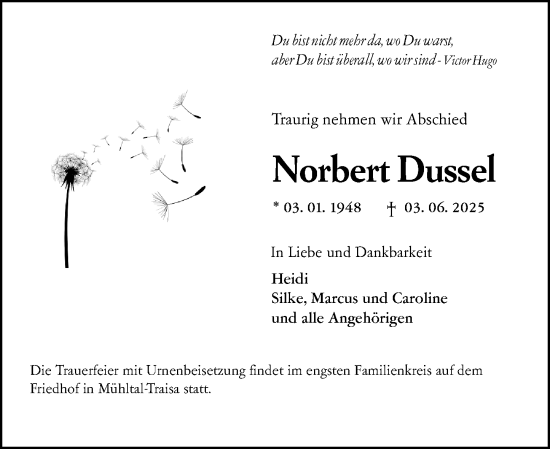 Traueranzeige von Norbert Dussel von Darmstädter Echo