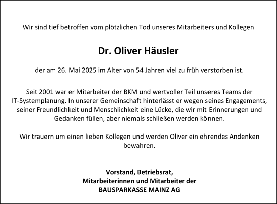 Traueranzeige von Oliver Häusler von Allgemeine Zeitung Mainz