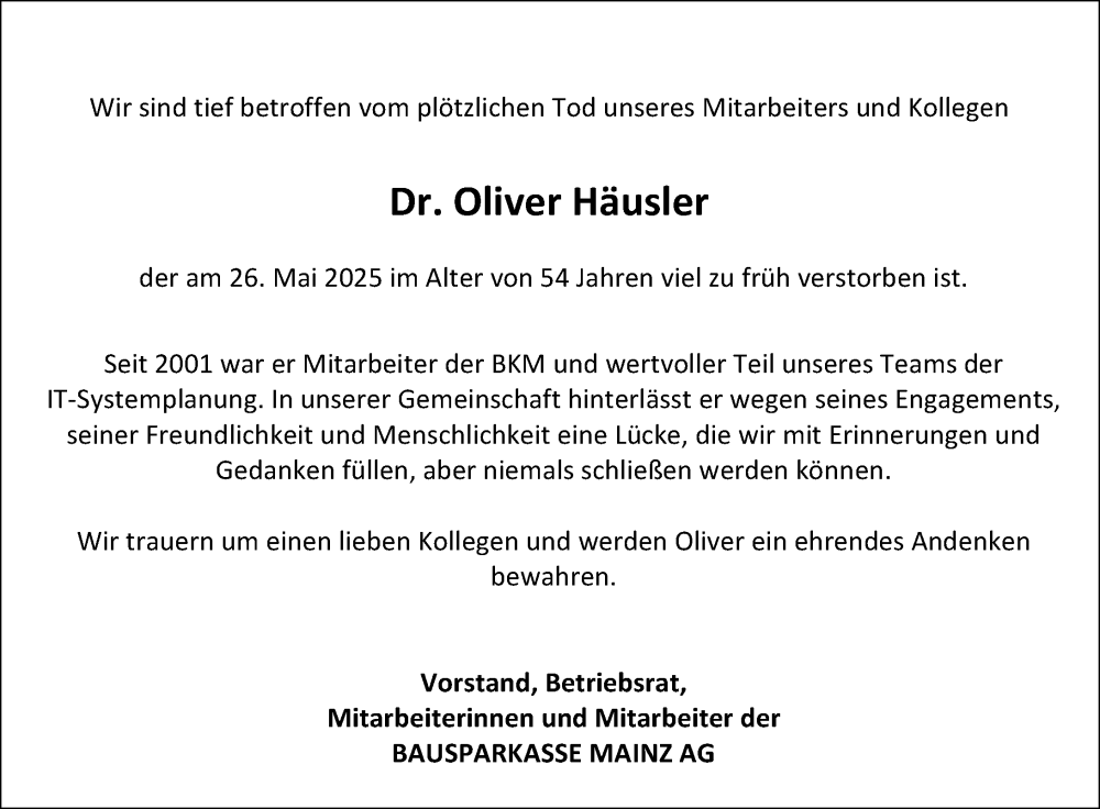  Traueranzeige für Oliver Häusler vom 04.06.2025 aus Allgemeine Zeitung Mainz