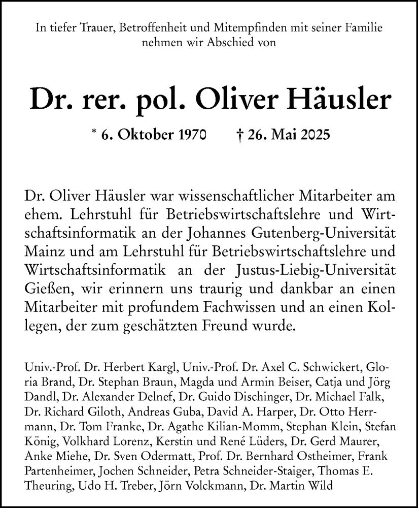  Traueranzeige für Oliver Häusler vom 07.06.2025 aus Wiesbadener Kurier
