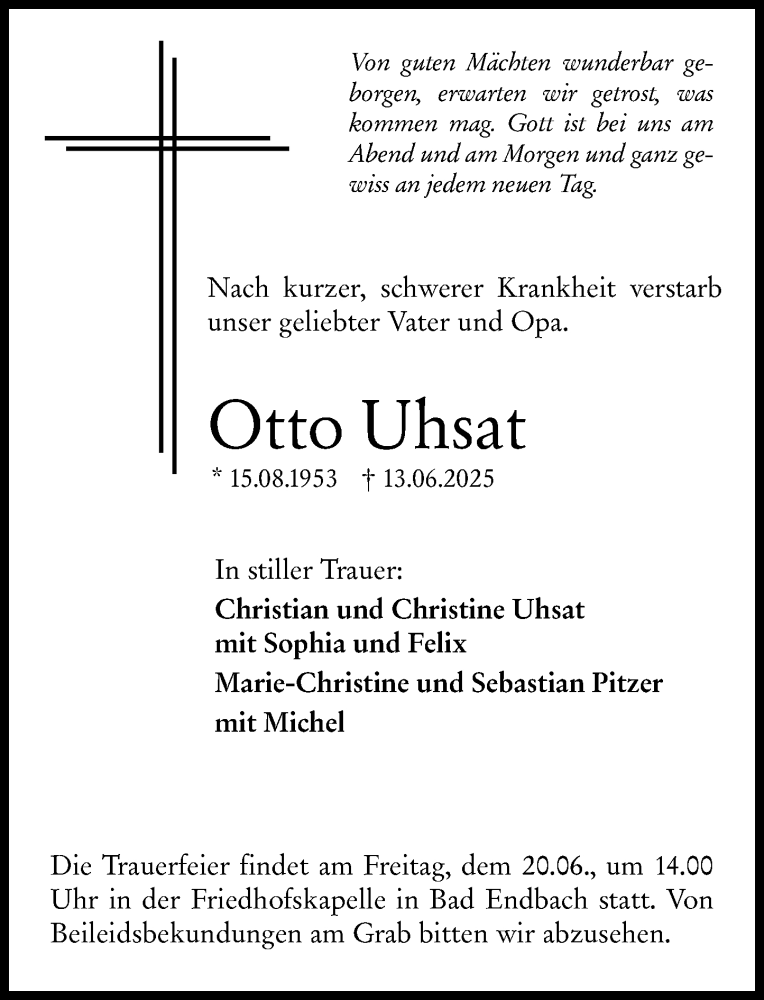  Traueranzeige für Otto Uhsat vom 18.06.2025 aus Hinterländer Anzeiger