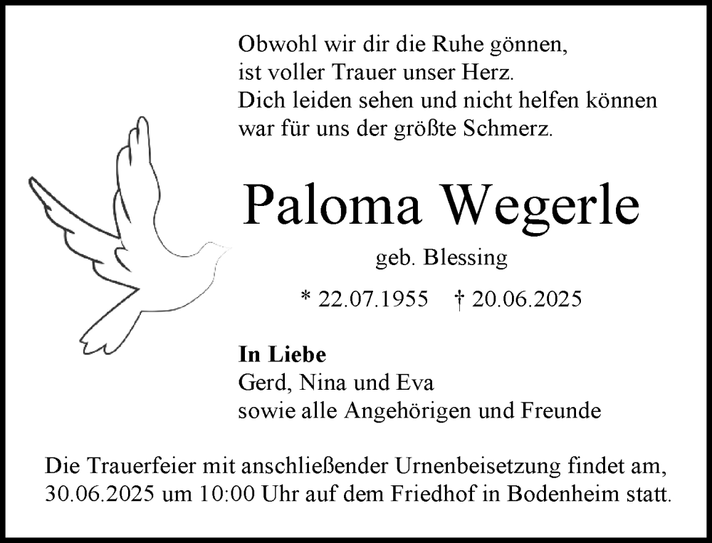  Traueranzeige für Paloma Wegerle vom 25.06.2025 aus Allgemeine Zeitung Mainz