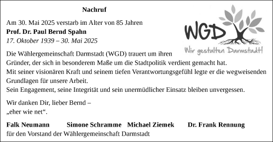 Traueranzeige von Paul Bernd Spahn von Darmstädter Echo