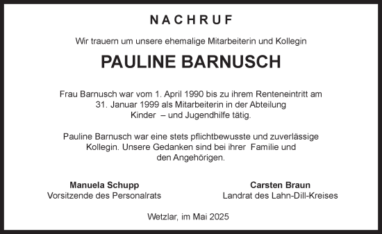 Traueranzeige von Pauline Barnusch von Wetzlarer Neue Zeitung