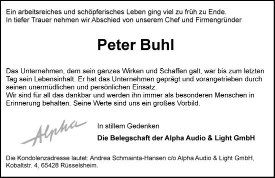 Traueranzeige von Peter Buhl von Rüsselsheimer Echo