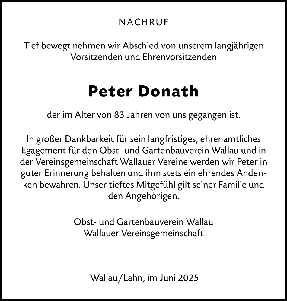  Traueranzeige für Peter Donath vom 28.06.2025 aus Hinterländer Anzeiger