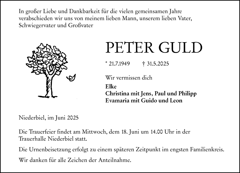  Traueranzeige für Peter Guld vom 14.06.2025 aus Wetzlarer Neue Zeitung