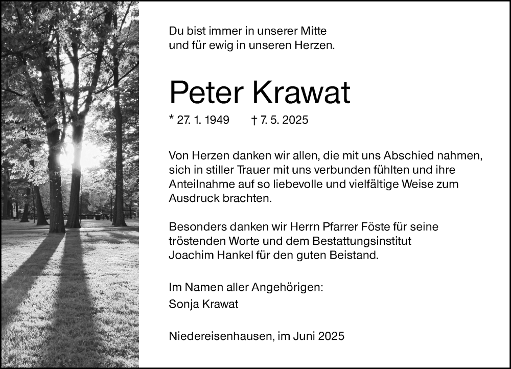  Traueranzeige für Peter Krawat vom 28.06.2025 aus Hinterländer Anzeiger