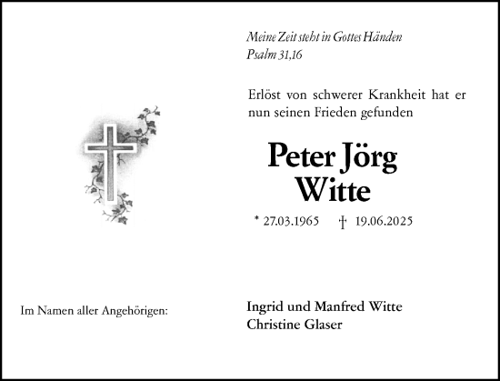 Traueranzeige von Peter Jörg Witte von Wiesbadener Kurier