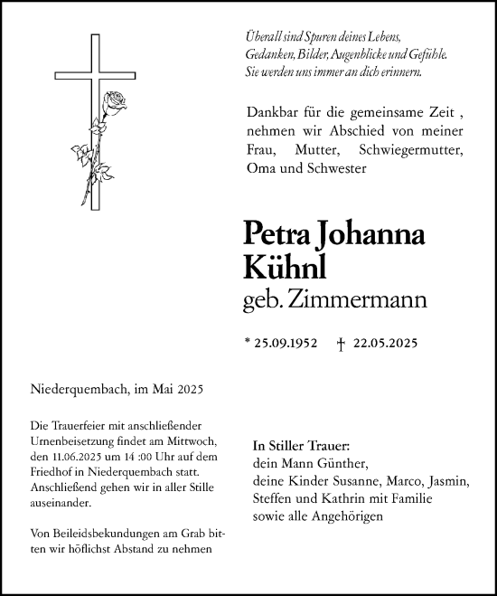 Traueranzeige von Petra Johanna Kühnl von Wetzlarer Neue Zeitung