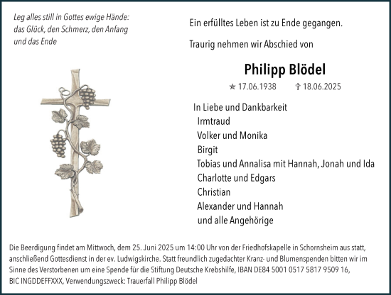 Traueranzeige von Philipp Blödel von Allgemeine Zeitung Alzey