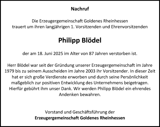 Traueranzeige von Philipp Blödel von Allgemeine Zeitung Rheinhessen-Nahe