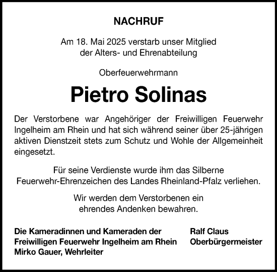 Traueranzeige von Pietro Solinas von Allgemeine Zeitung Rheinhessen-Nahe