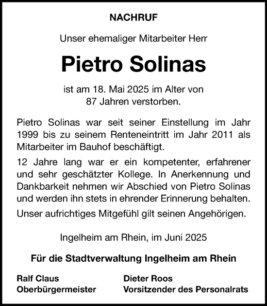 Traueranzeige von Pietro Solinas von Allgemeine Zeitung Rheinhessen-Nahe
