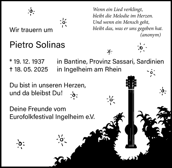 Traueranzeige von Pietro Solinas von Binger-/Ingelheimer Wochenblatt