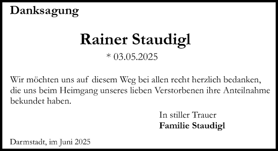 Traueranzeige von Rainer Staudigl von Darmstädter Echo