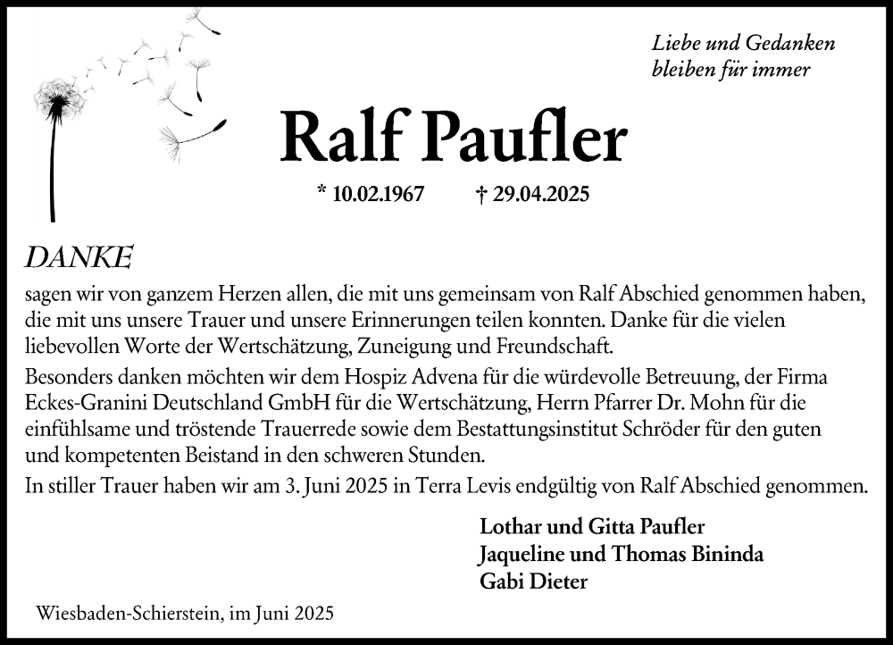  Traueranzeige für Ralf Paufler vom 07.06.2025 aus Wiesbadener Kurier