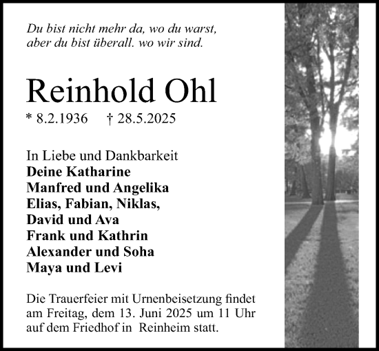 Traueranzeige von Reinhold Ohl von Darmstädter Echo